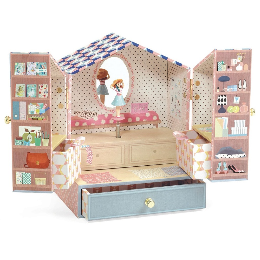 NEW NIB Djeco Girls Tinou Dress Shop Music Box Jewelry Treasure Pink Blue French